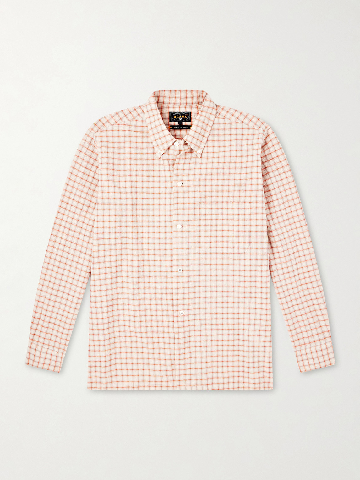 Beams Button-down Seersucker Checked Cotton And Linen-blend Shirt In Pink