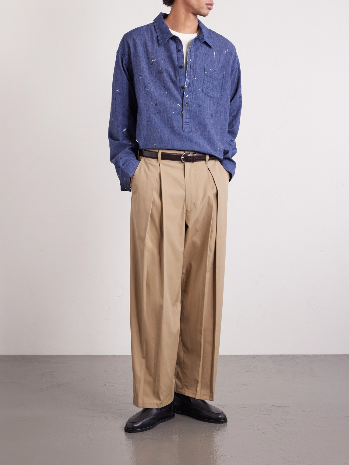 Ekusy Wide-Leg Cropped Pleated Cotton Trousers
