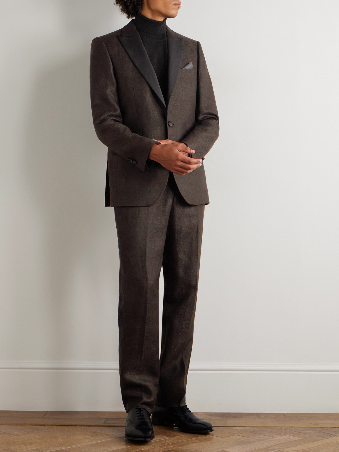 Favourbrook Randwick Slim-fit Faille-trimmed Herringbone Linen And Silk-blend Tuxedo Jacket In Brown