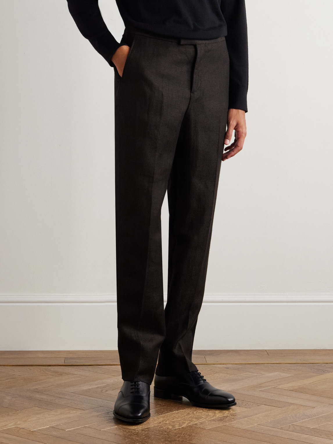  Favourbrook - Randwick Straight-leg Grosgrain-trimmed Herringbone Linen And Silk-blend Tuxedo Trousers - Men - Black - Uk/us 30 