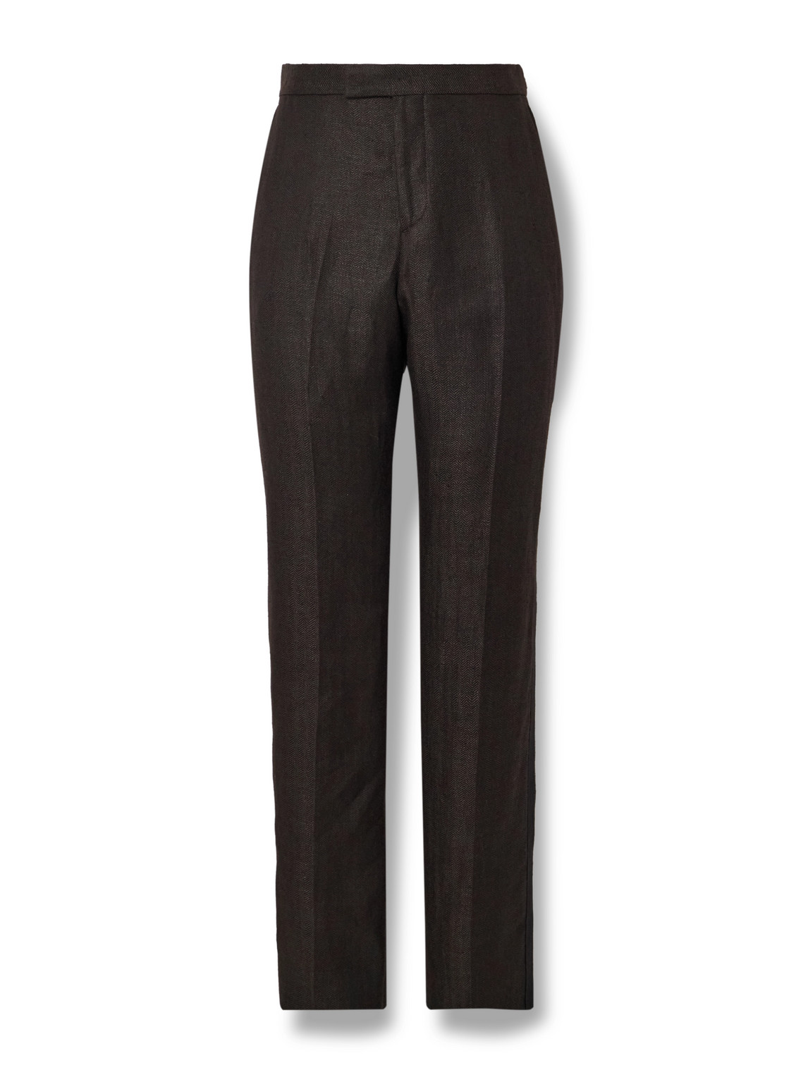 Favourbrook Randwick Straight-leg Grosgrain-trimmed Herringbone Linen And Silk-blend Tuxedo Trousers In Black