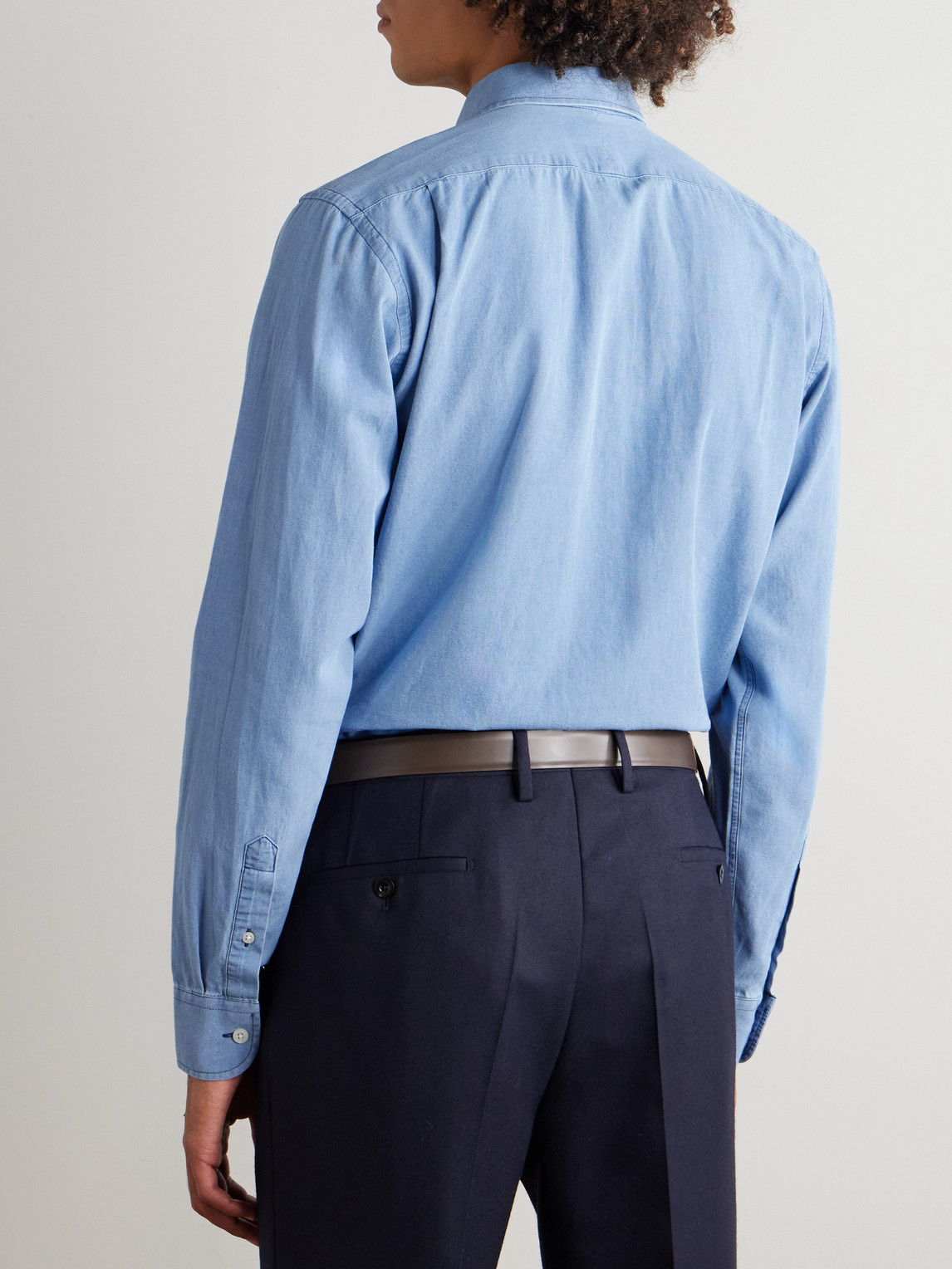 Favourbrook Burlington Cutaway-collar Indigo-dyed Cotton-chambray Shirt In Blue