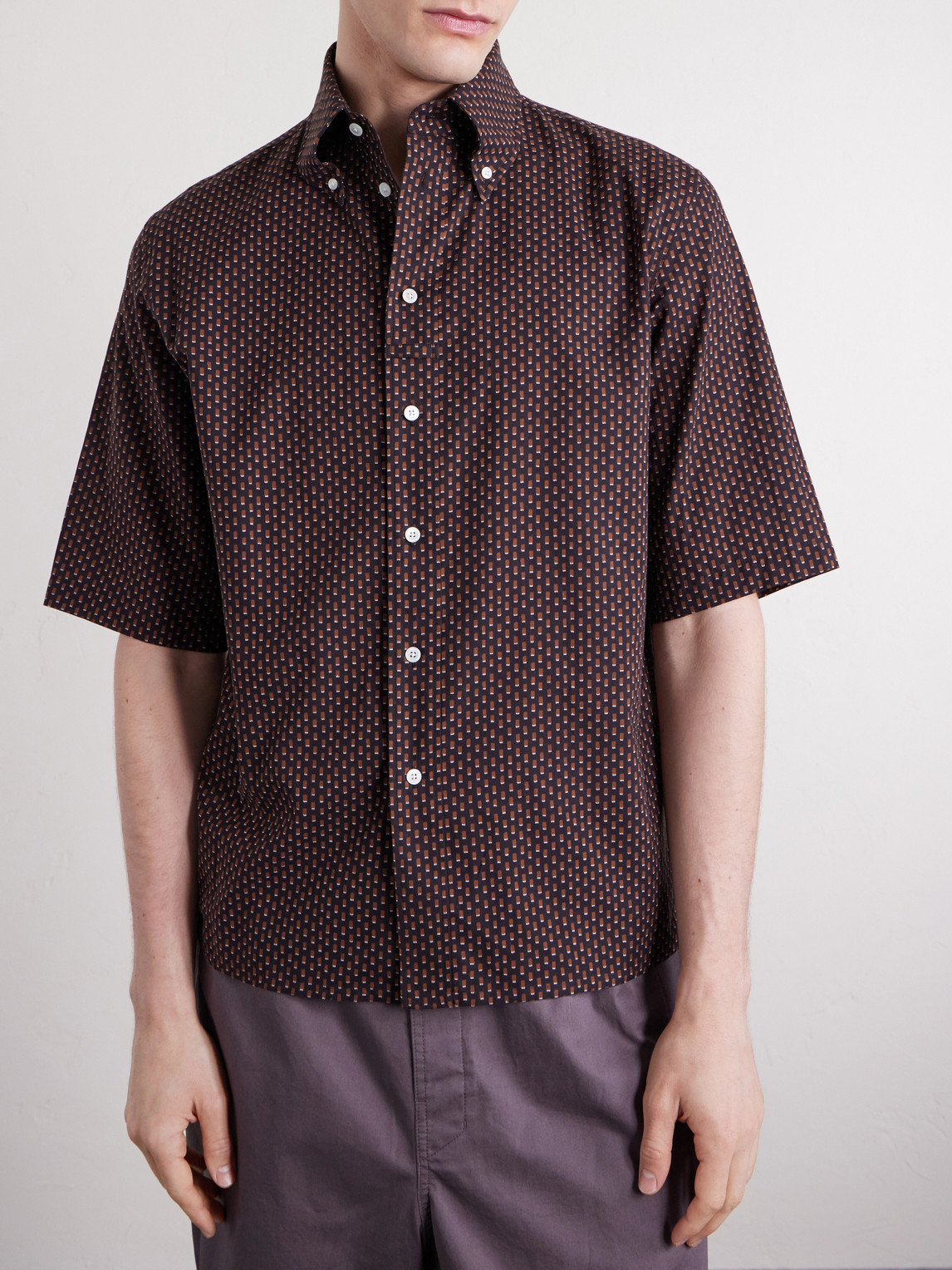  Lemaire - Button-down Collar Printed Cotton Shirt - Men - Brown - It 44 