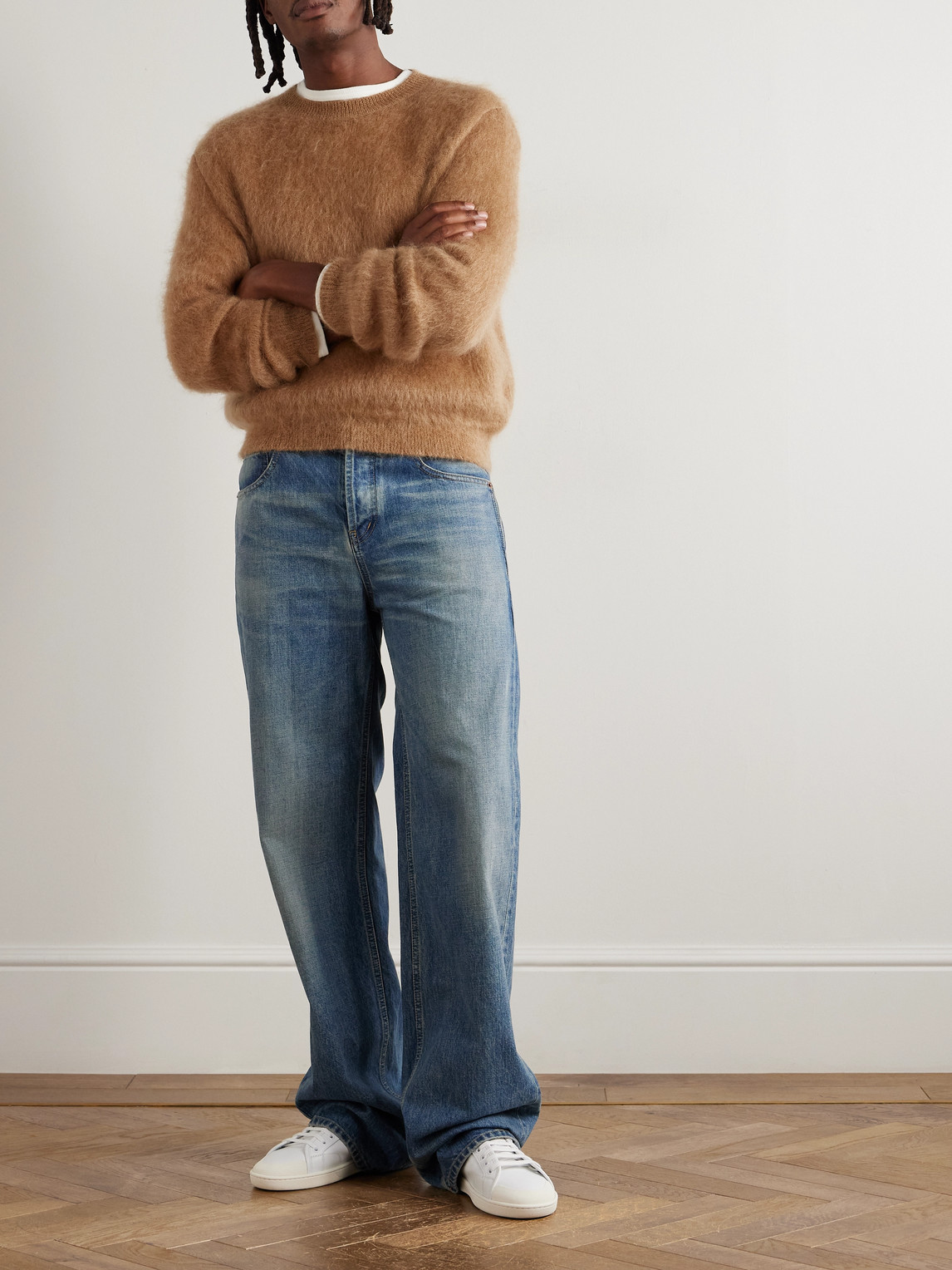 Saint Laurent Slim-fit Mohair-blend Sweater In Brown