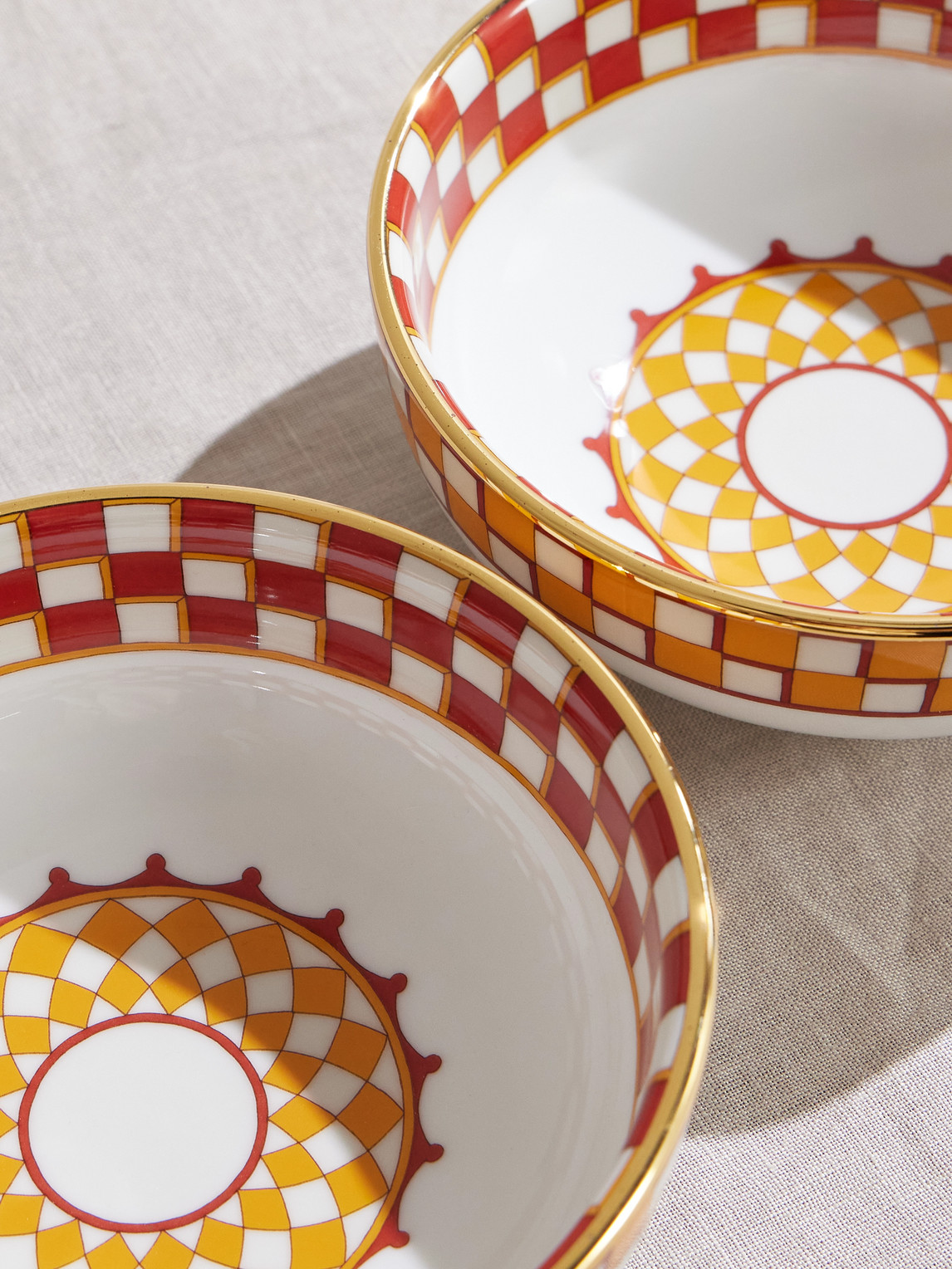 La Doublej Set Of Two Gold-plated Painted Porcelain Snack Bowls In Orange