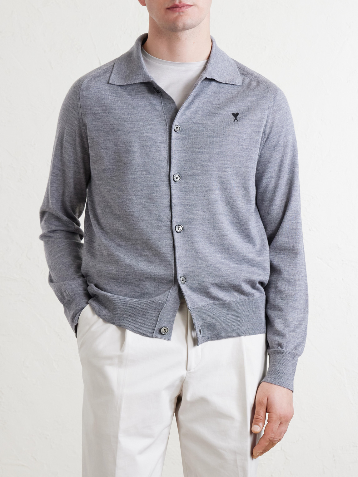  Ami Paris - Quota Logo-embroidered Merino Wool Cardigan - Men - Blue - S 