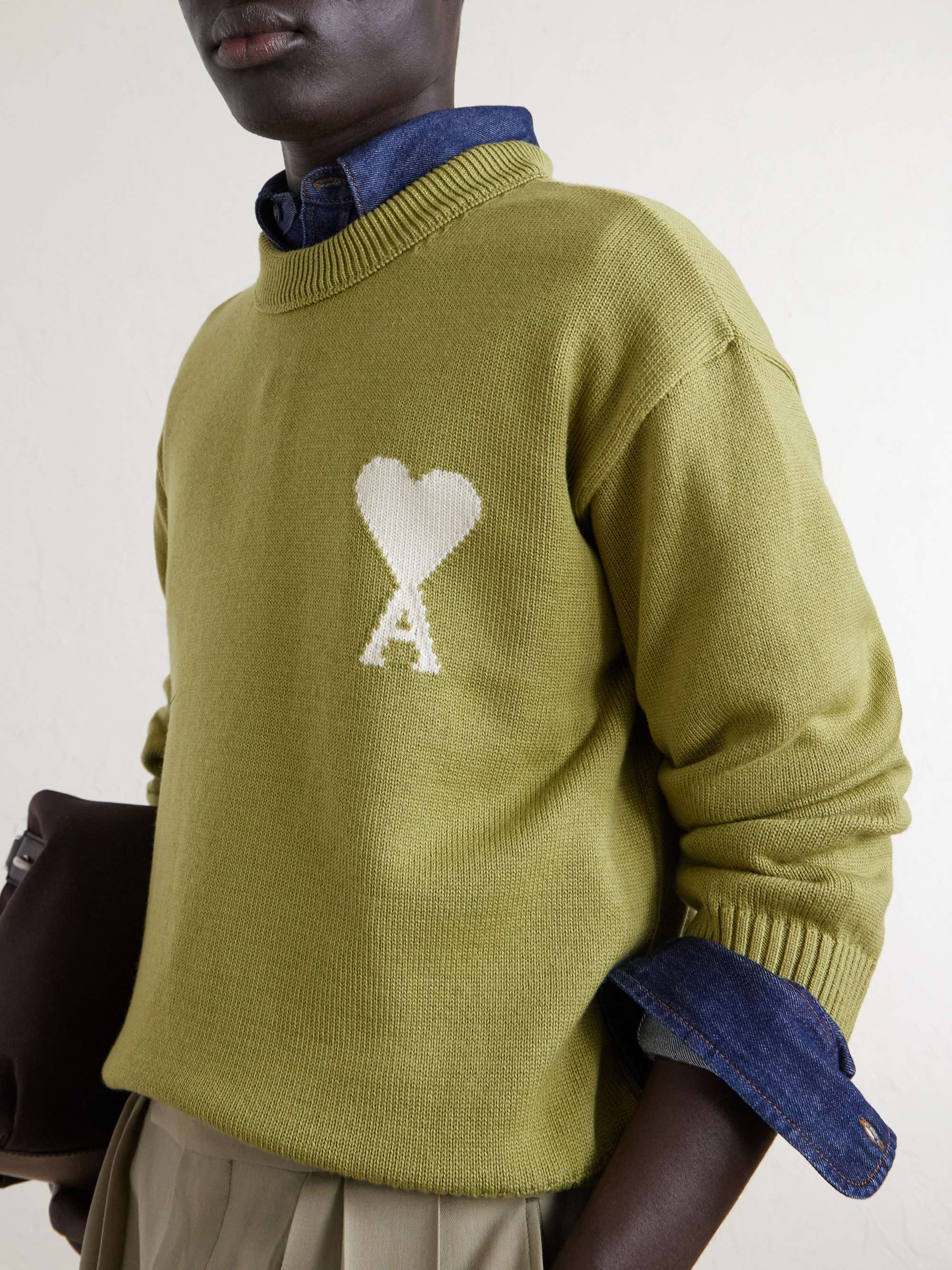 AMI PARIS Intarsia Virgin Wool and Cotton-Blend Sweater for Men