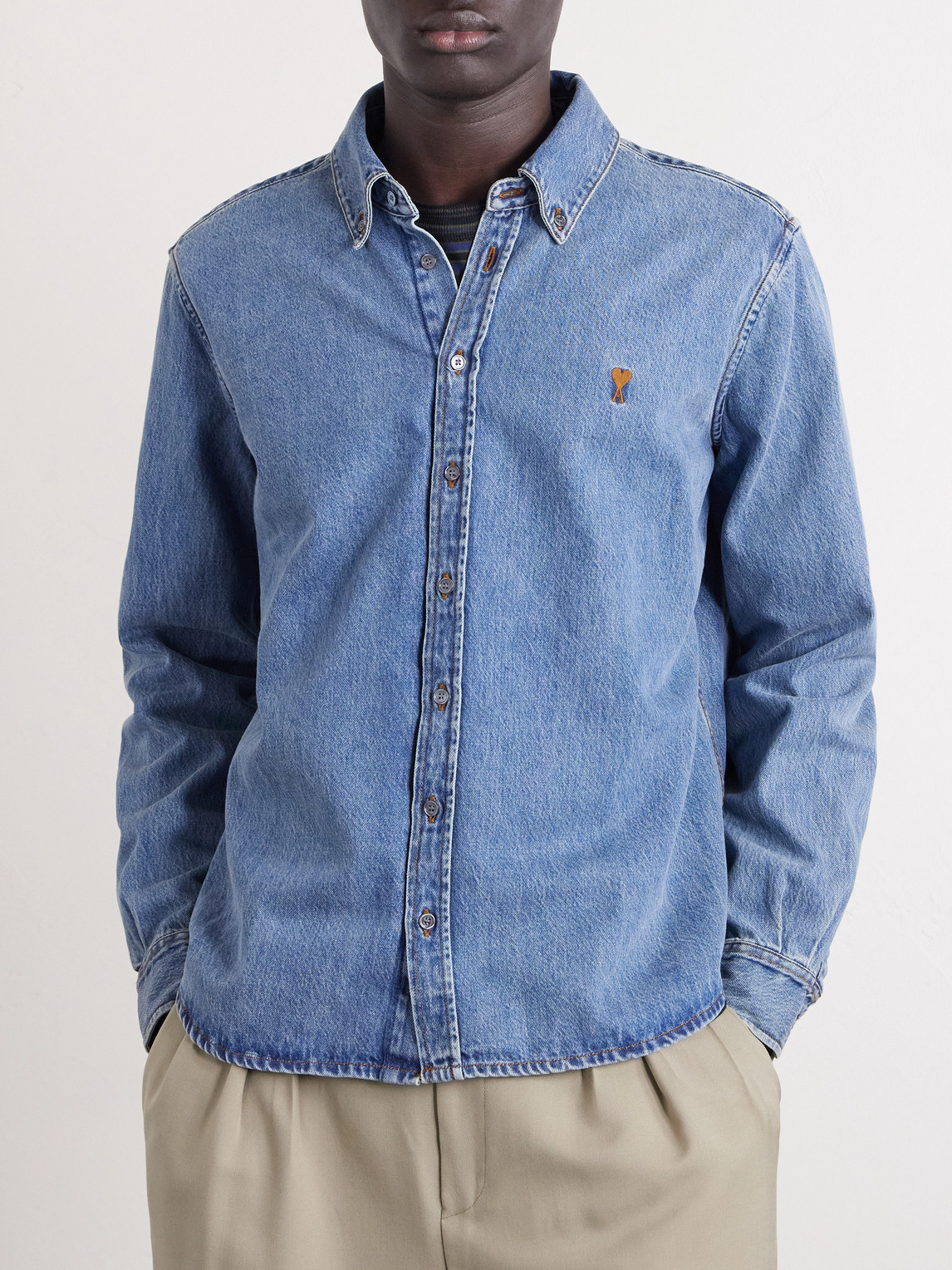 Button-Down Collar Logo-Embroidered Denim Shirt