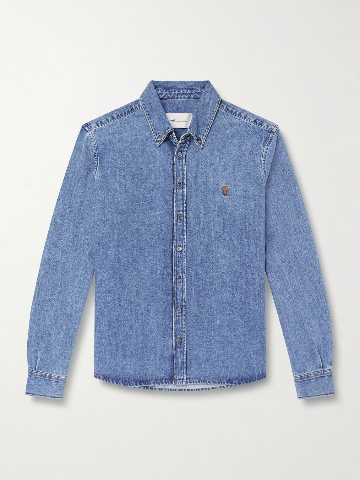 AMI PARIS Button-Down Collar Logo-Embroidered Denim Shirten