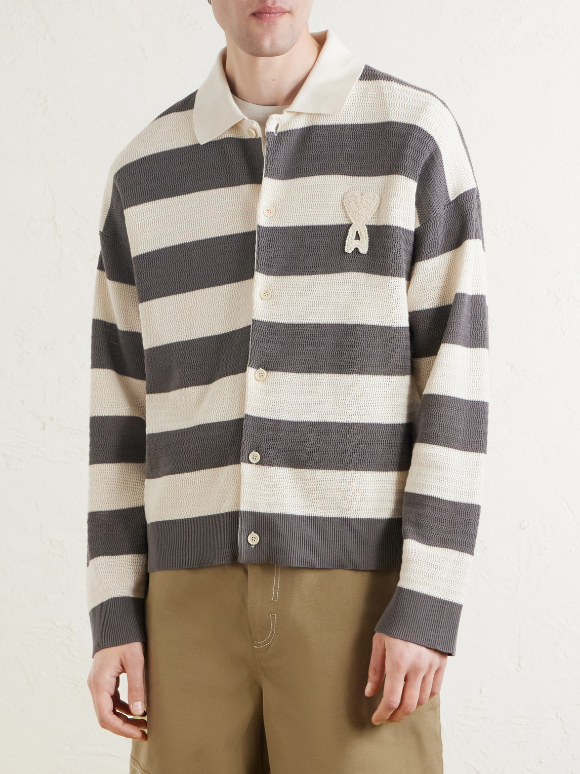  Ami Paris - Logo-embroidered Striped Knitted Cotton Cardigan - Men - Gray - M 