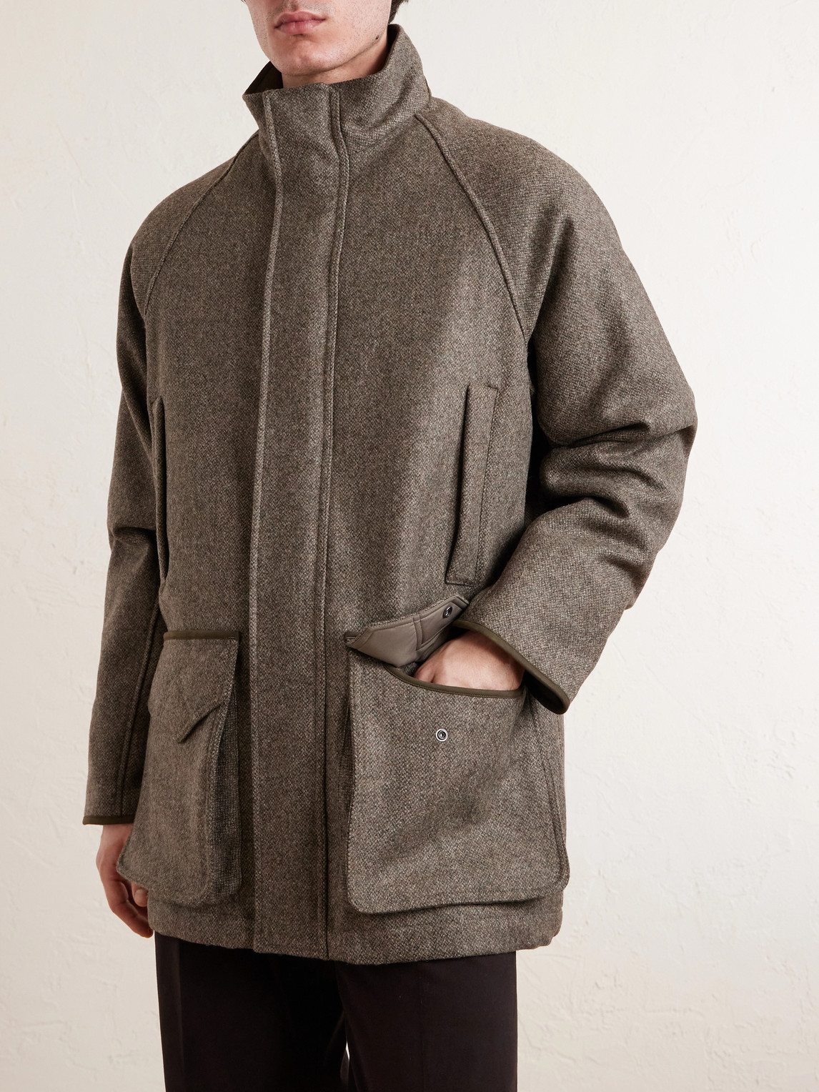  Purdey - Leather-trimmed Wool Tweed Field Jacket - Men - Gray - S 