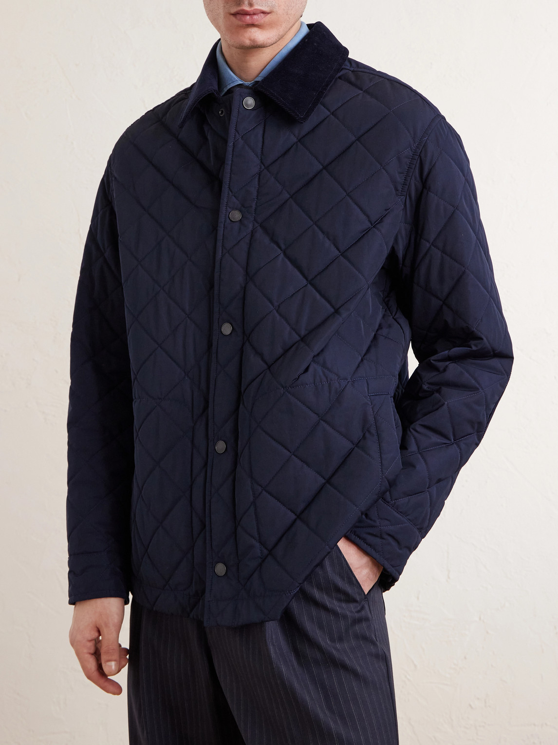 Cotton Corduroy-Trimmed Padded Quilted Jacket