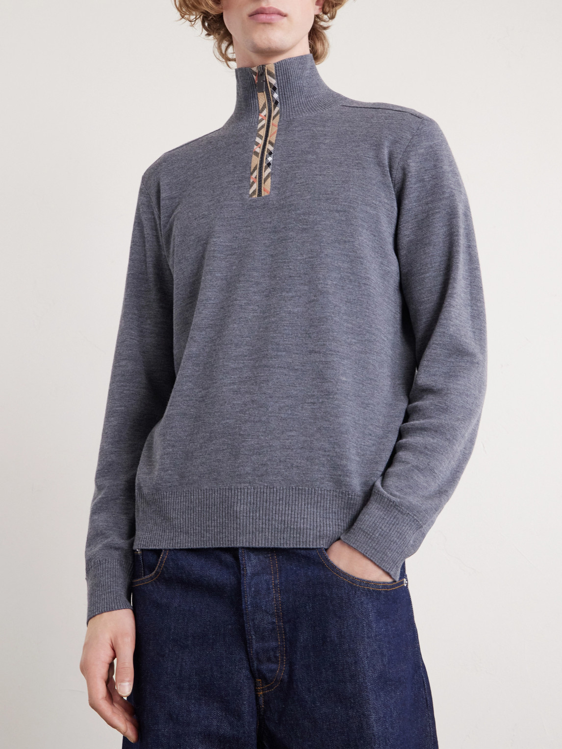  Burberry - Checked Wool Half-zip Sweater - Men - Gray - M 