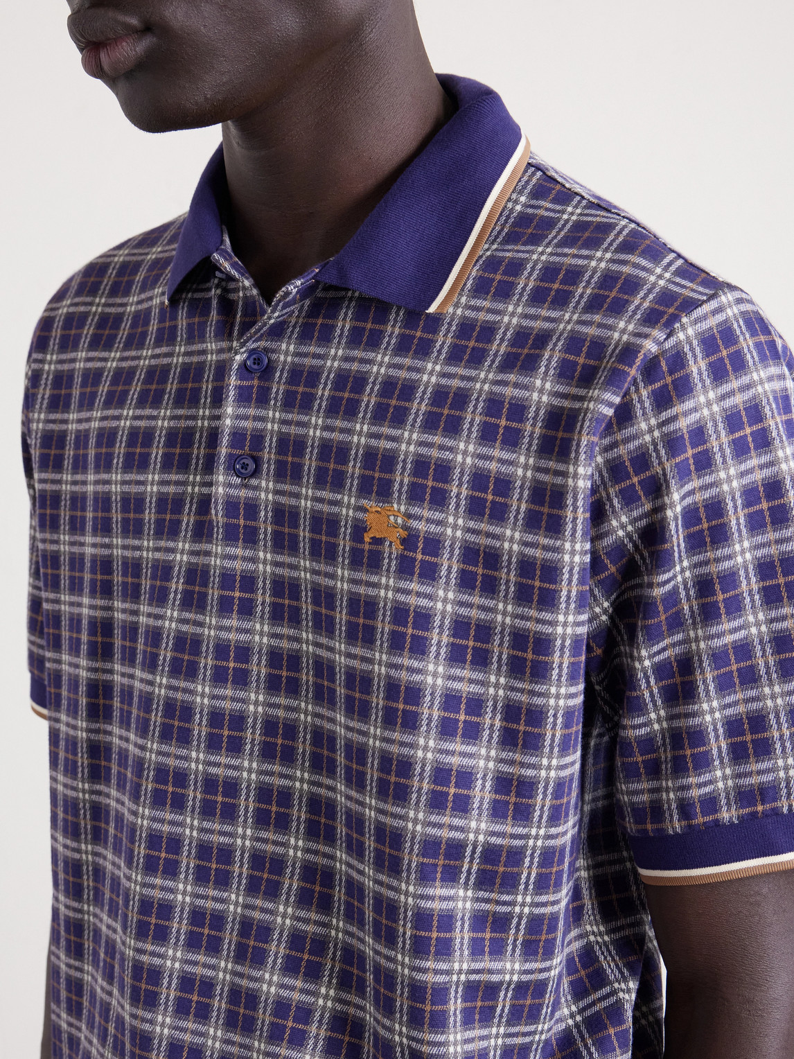  Burberry - Logo-embroidered Checked Jacquard Polo Shirt - Men - Blue - S 