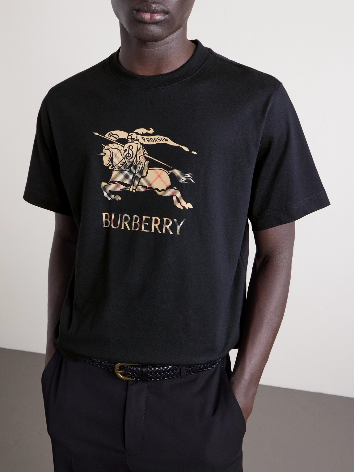 Burberry Men Black Crewneck T-shirt With Ekd And Logo Lettering Embroidery On The Front In Cotton Ma