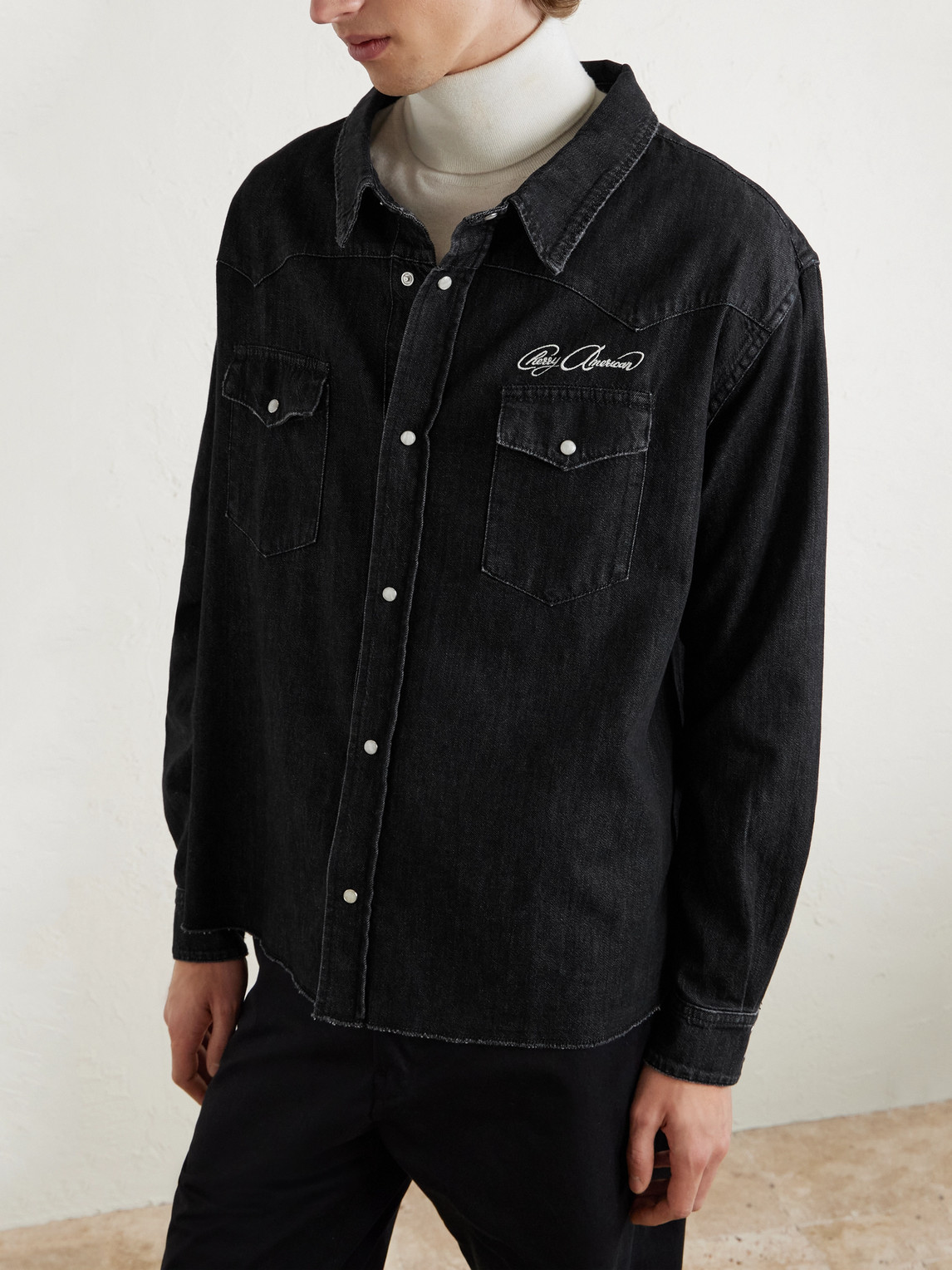 Cherry Los Angeles Logo-embroidered Denim Western Shirt In Black