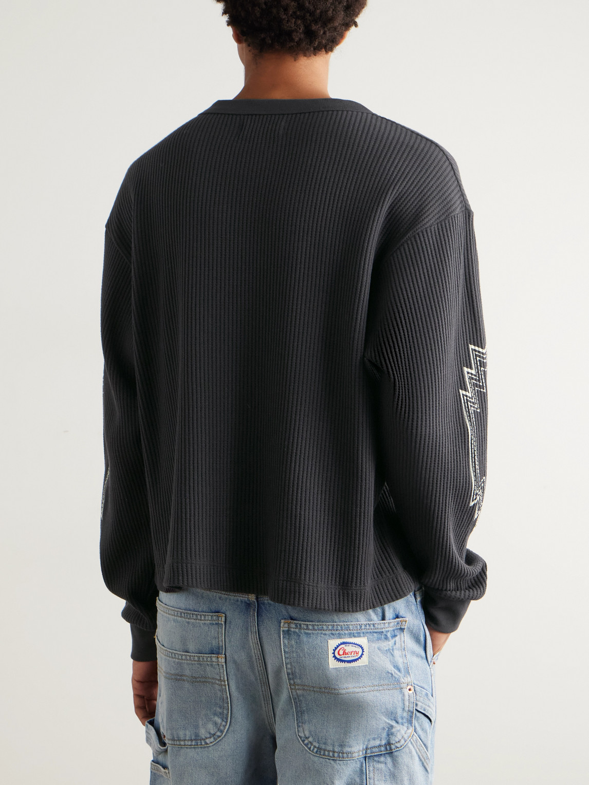 Cherry Los Angeles Best West Thermal Cropped Waffle-knit Cotton-blend T-shirt In Black