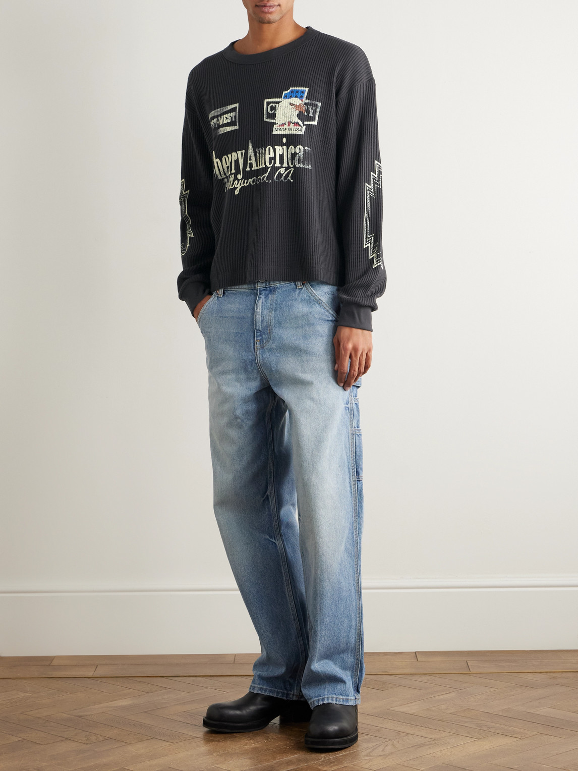 Cherry Los Angeles Best West Thermal Cropped Waffle-knit Cotton-blend T-shirt In Black