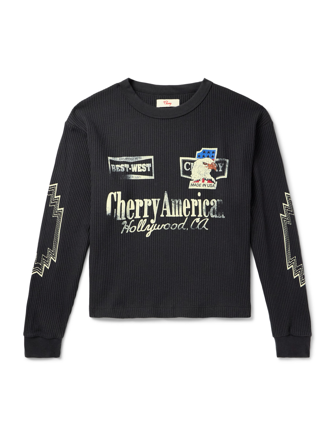 Cherry Los Angeles Best West Thermal Cropped Waffle-knit Cotton-blend T-shirt In Black