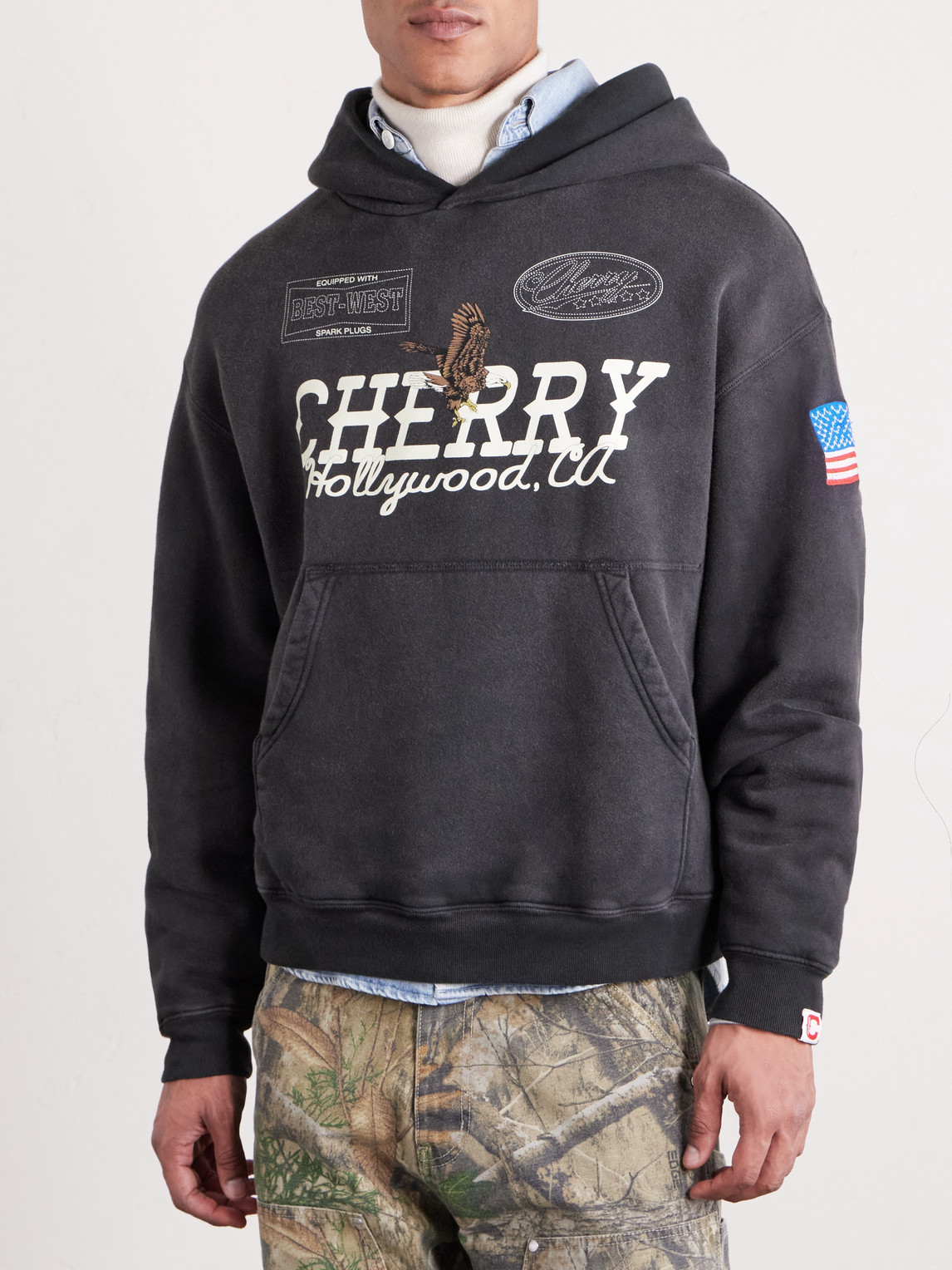 Cherry Los Angeles Hollywood Logo-print Embroidered Cotton-jersey Hoodie In Black