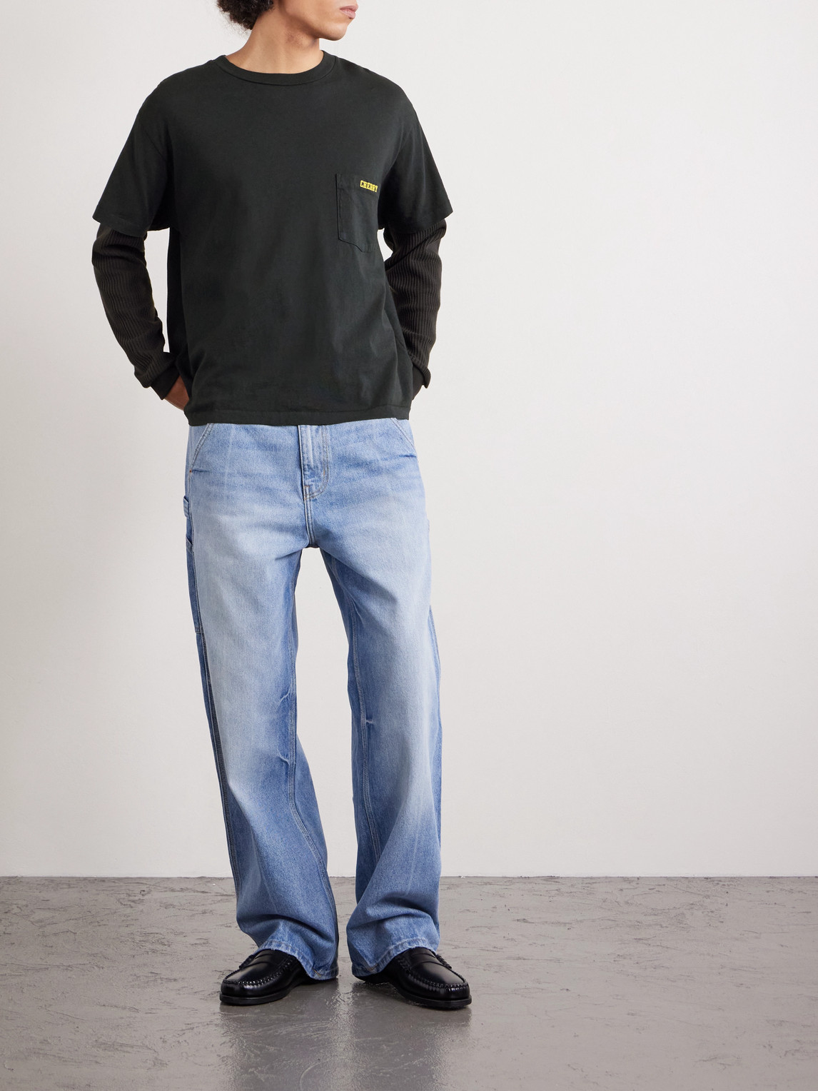 Cherry Los Angeles General Store Logo-print Layered Waffle-knit And Cotton-jersey T-shirt In Black