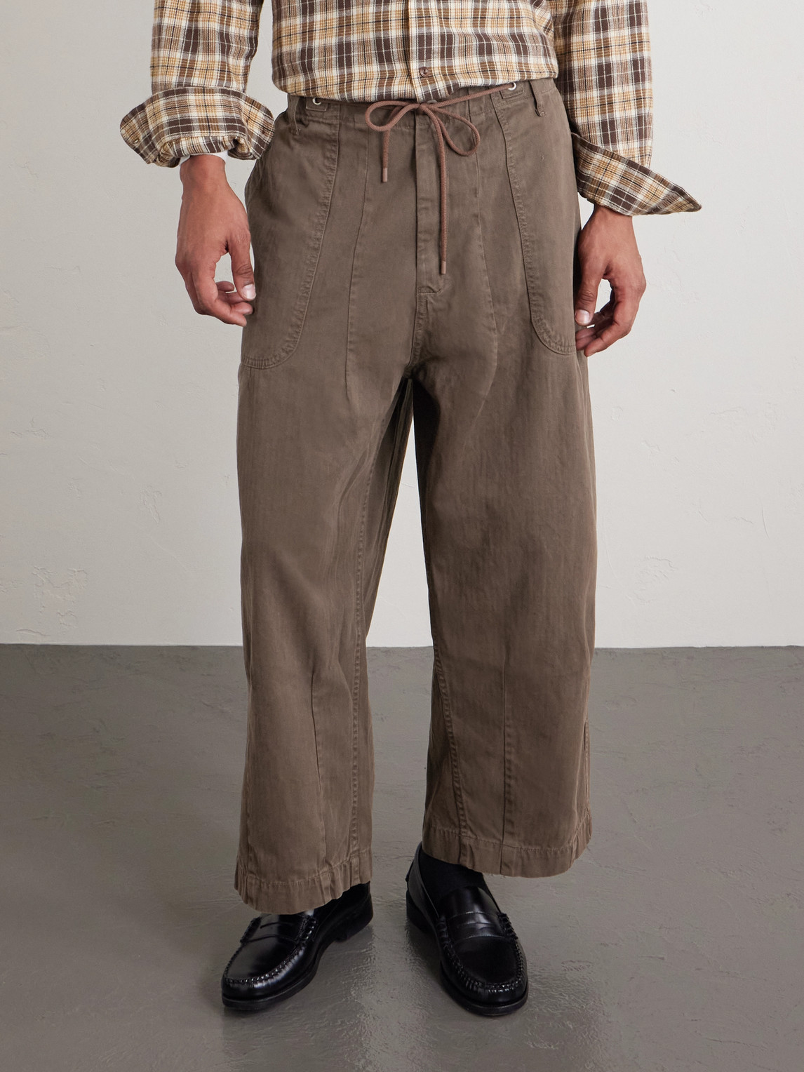 Cherry Los Angeles Herringbone Cotton Drawstring Trousers In Brown