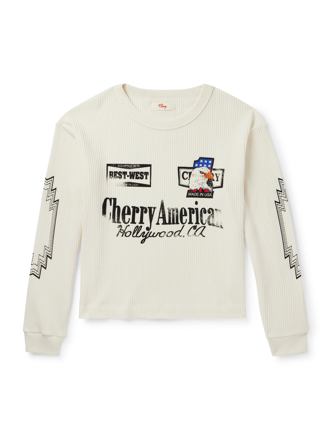 Cherry Los Angeles Best West Thermal Cropped Waffle-knit Cotton-blend T-shirt In White
