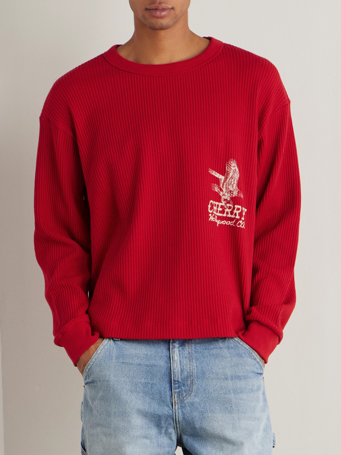 Cherry Los Angeles Hollywood Thermal Cropped Waffle-knit Cotton-blend T-shirt In Red