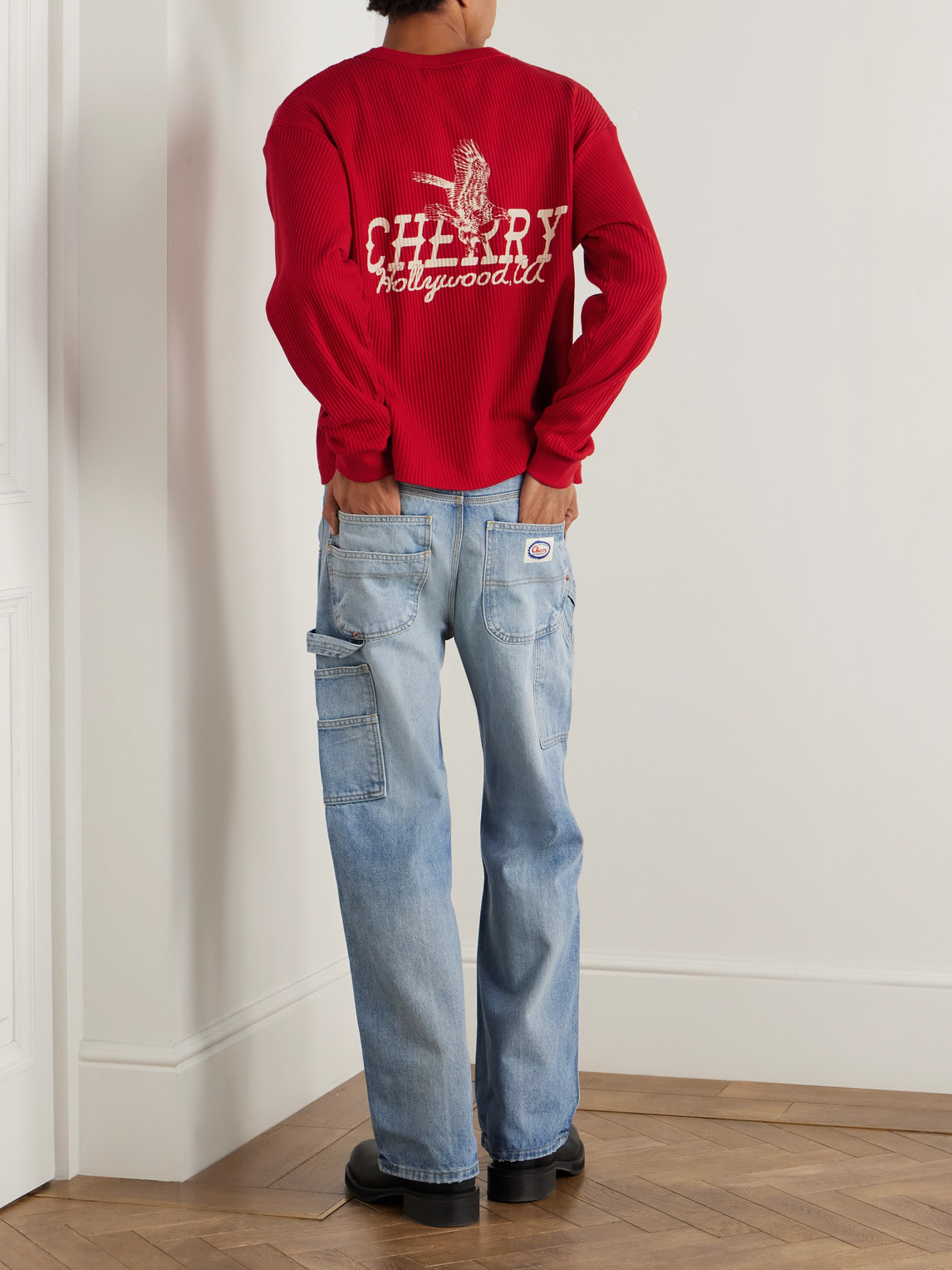 Cherry Los Angeles Hollywood Thermal Cropped Waffle-knit Cotton-blend T-shirt In Red