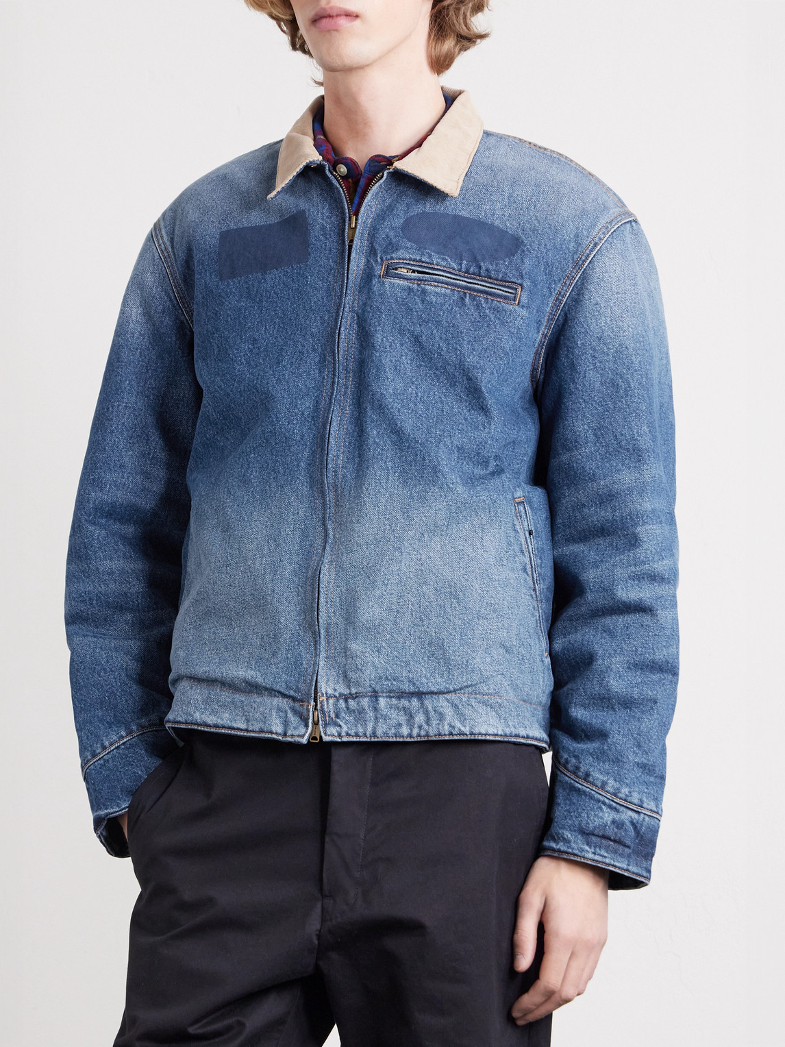 Cherry Los Angeles Sun Faded Corduroy-trimmed Denim Jacket In Blue