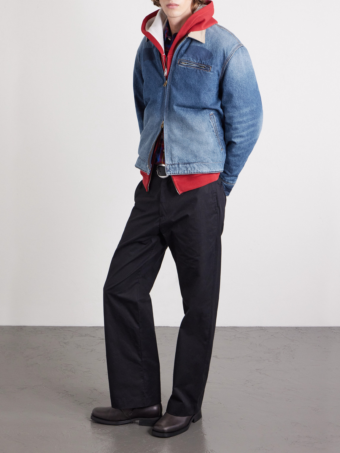 Cherry Los Angeles Sun Faded Corduroy-trimmed Denim Jacket In Blue