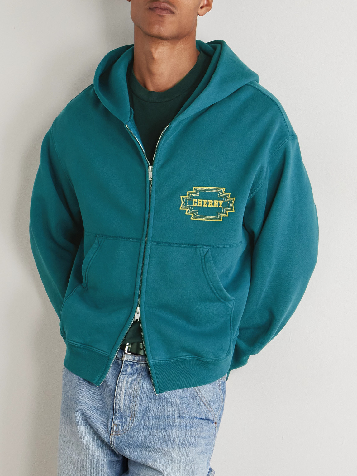 Cherry Los Angeles Navajo Logo-embroidered Cotton-jersey Zip-up Hoodie In Green