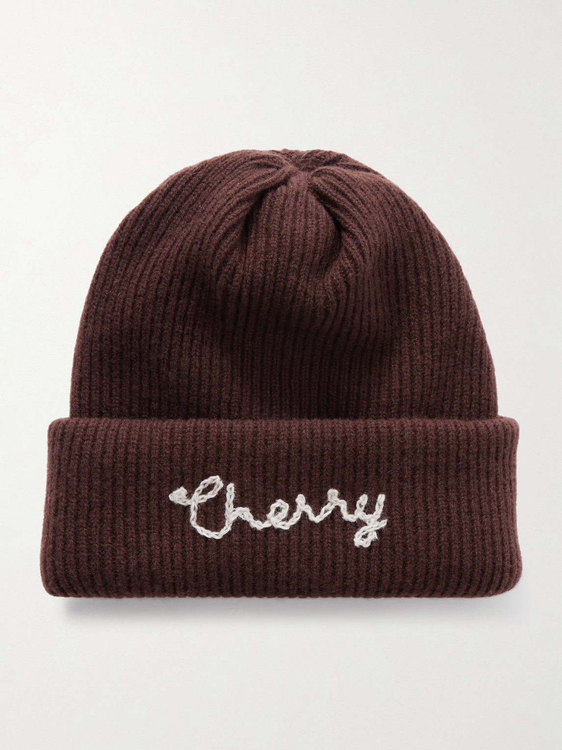 Cherry Los Angeles Logo-embroidered Ribbed Cashmere Beanie In Brown