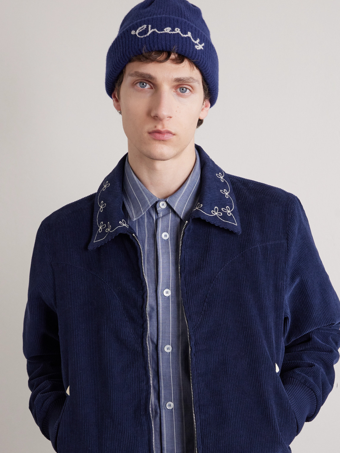 Cherry Los Angeles Logo-embroidered Ribbed Cashmere Beanie In Blue