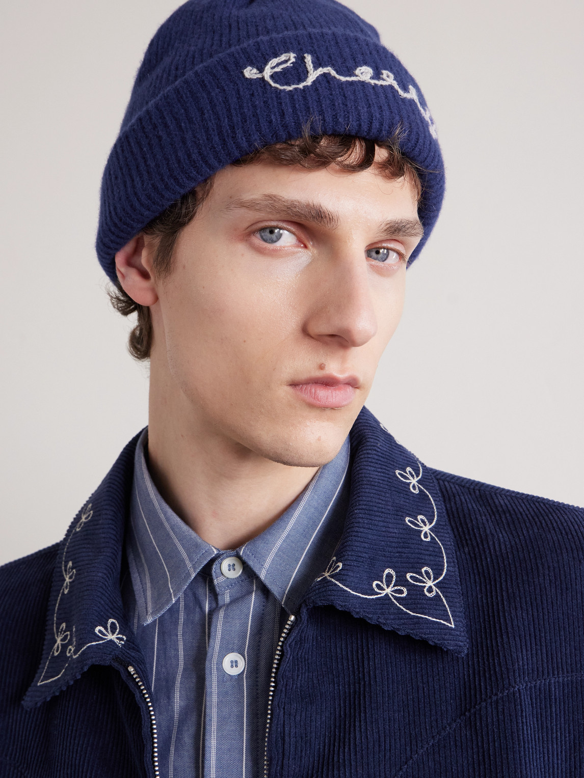 Cherry Los Angeles Logo-embroidered Ribbed Cashmere Beanie In Blue