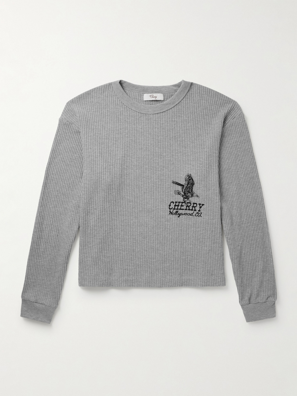 Cherry Los Angeles Hollywood Thermal Cropped Waffle-knit Cotton-blend T-shirt In Gray
