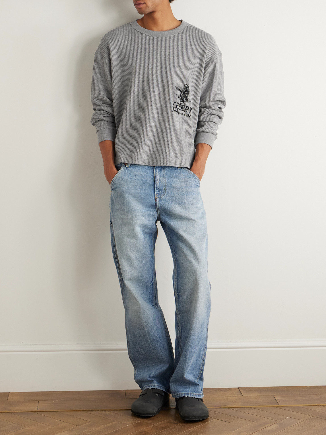 Cherry Los Angeles Hollywood Thermal Cropped Waffle-knit Cotton-blend T-shirt In Gray