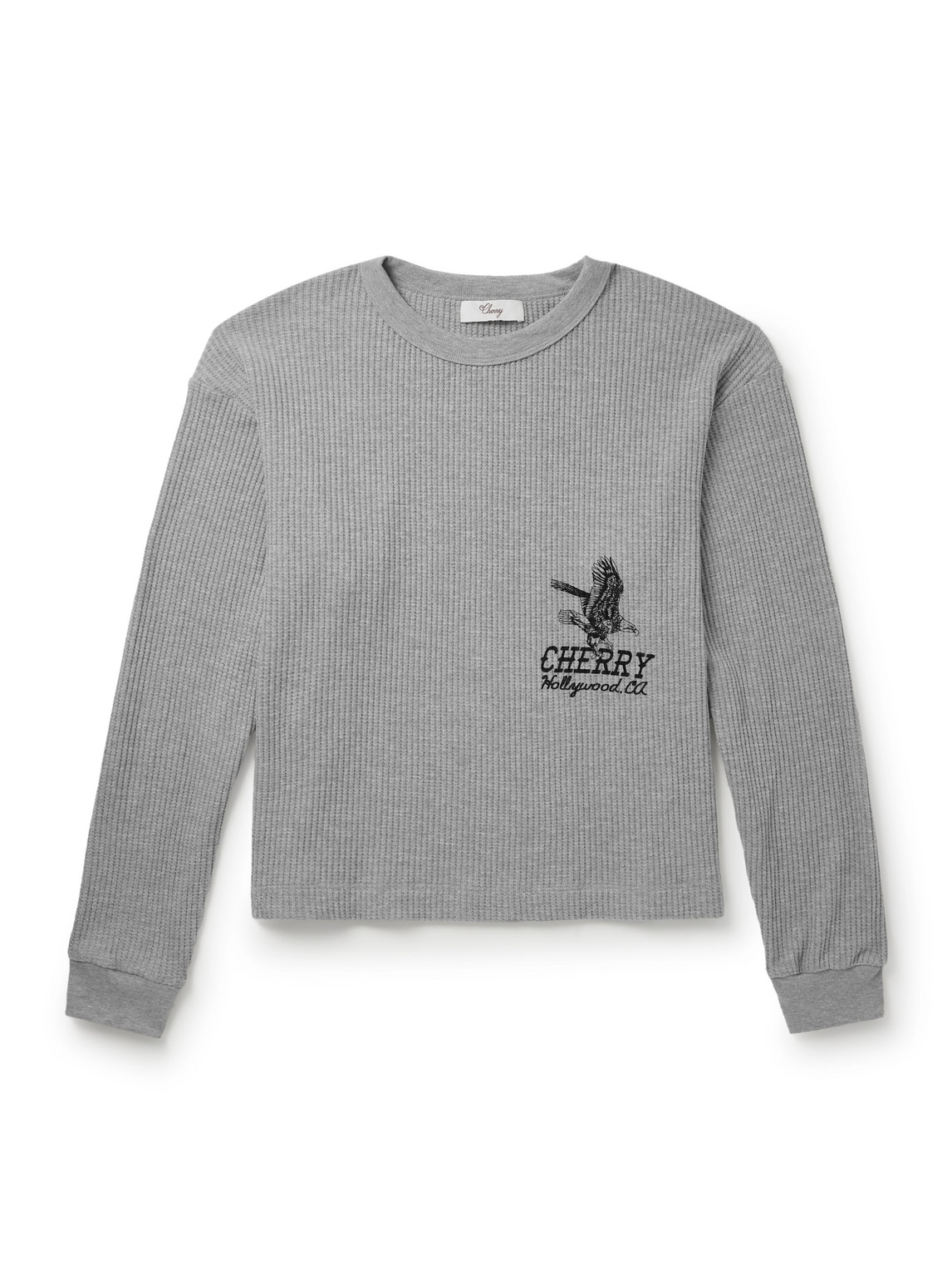 Cherry Los Angeles Hollywood Thermal Cropped Waffle-knit Cotton-blend T-shirt In Gray