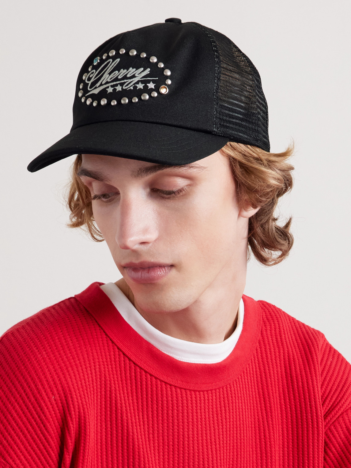 Cherry Los Angeles Studded Five Star Logo-embroidered Canvas And Mesh Trucker Cap In Black