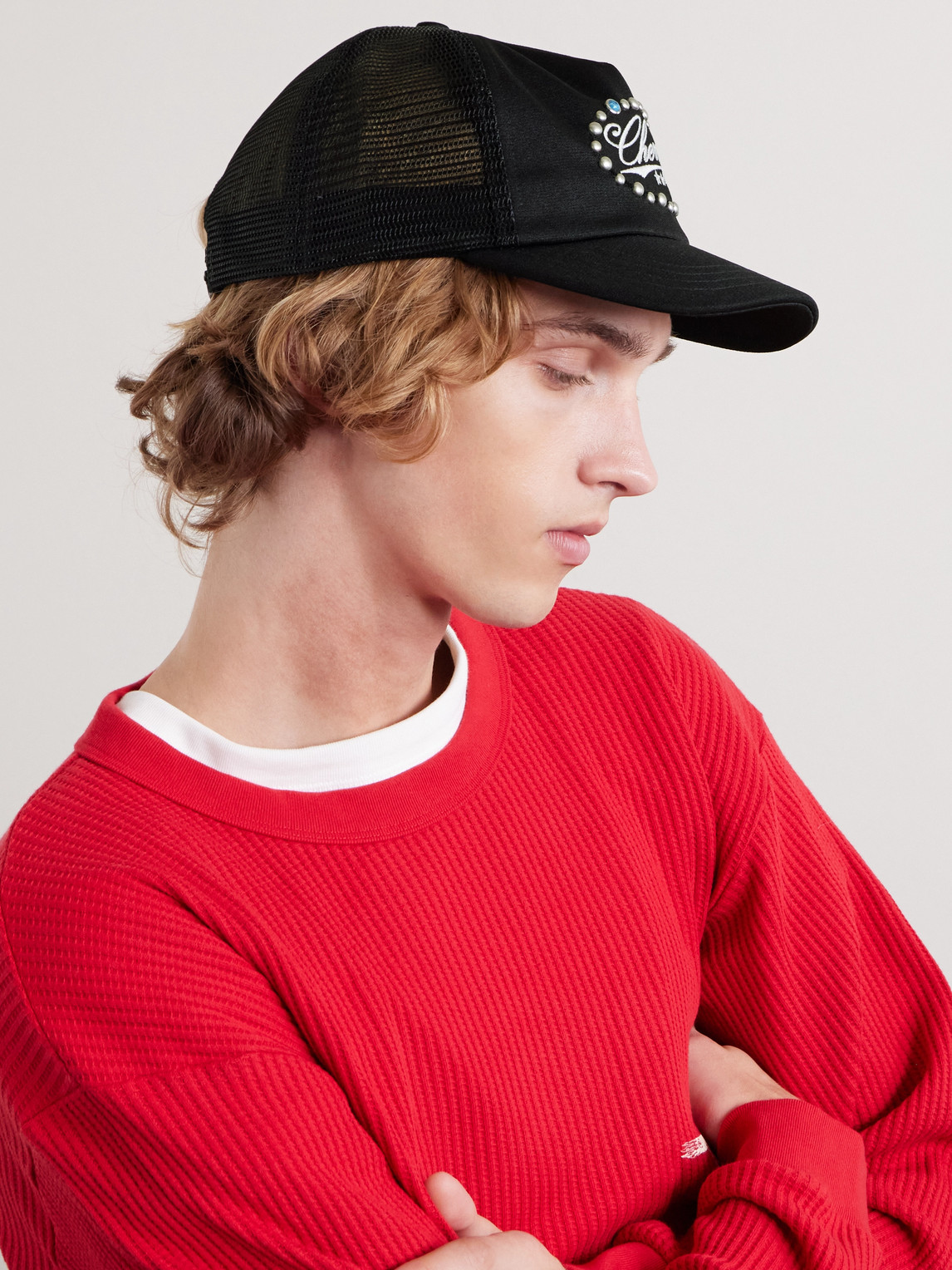 Cherry Los Angeles Studded Five Star Logo-embroidered Canvas And Mesh Trucker Cap In Black