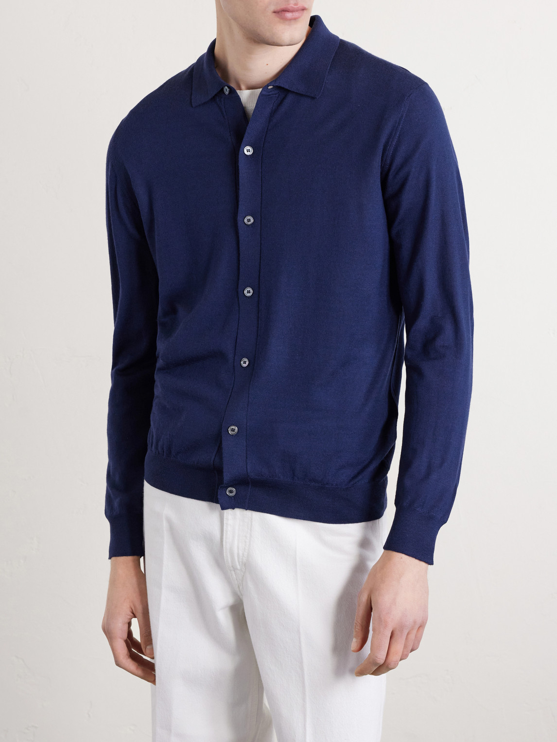  Fedeli - Knitted Wool Polo Shirt - Men - Blue - It 46 