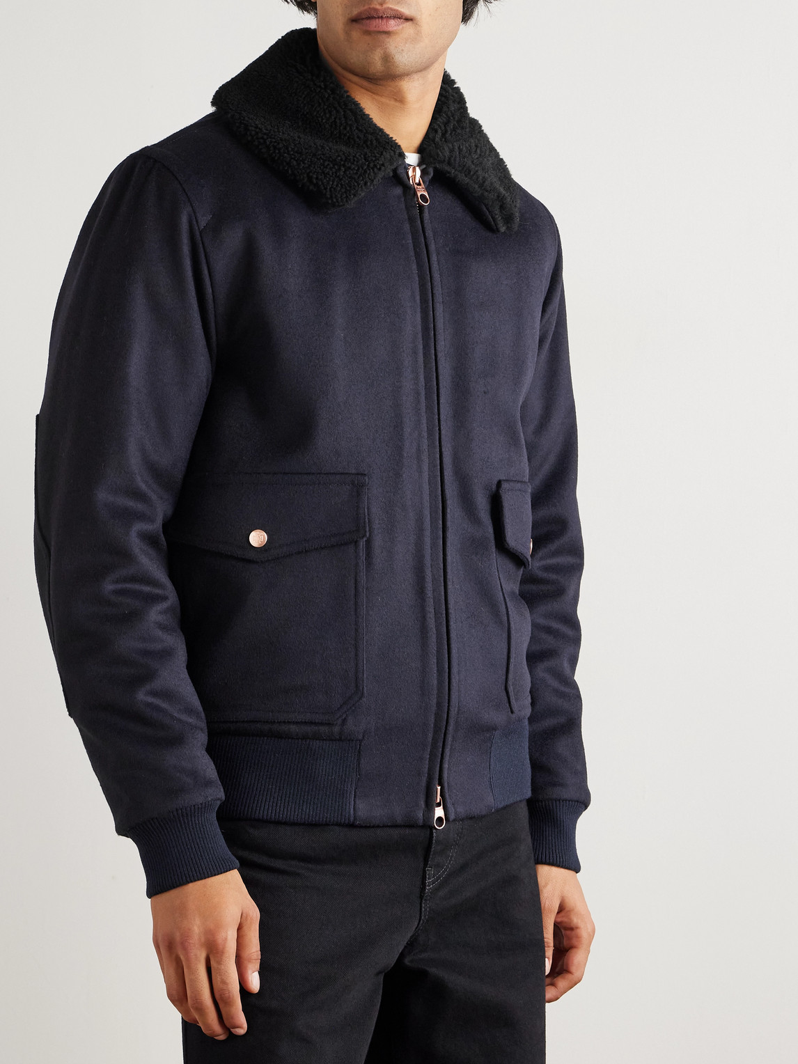 Private White V.c. The Flight Jacket 3.0 Shearling-trimmed Wool Bomber Jacket In Blue