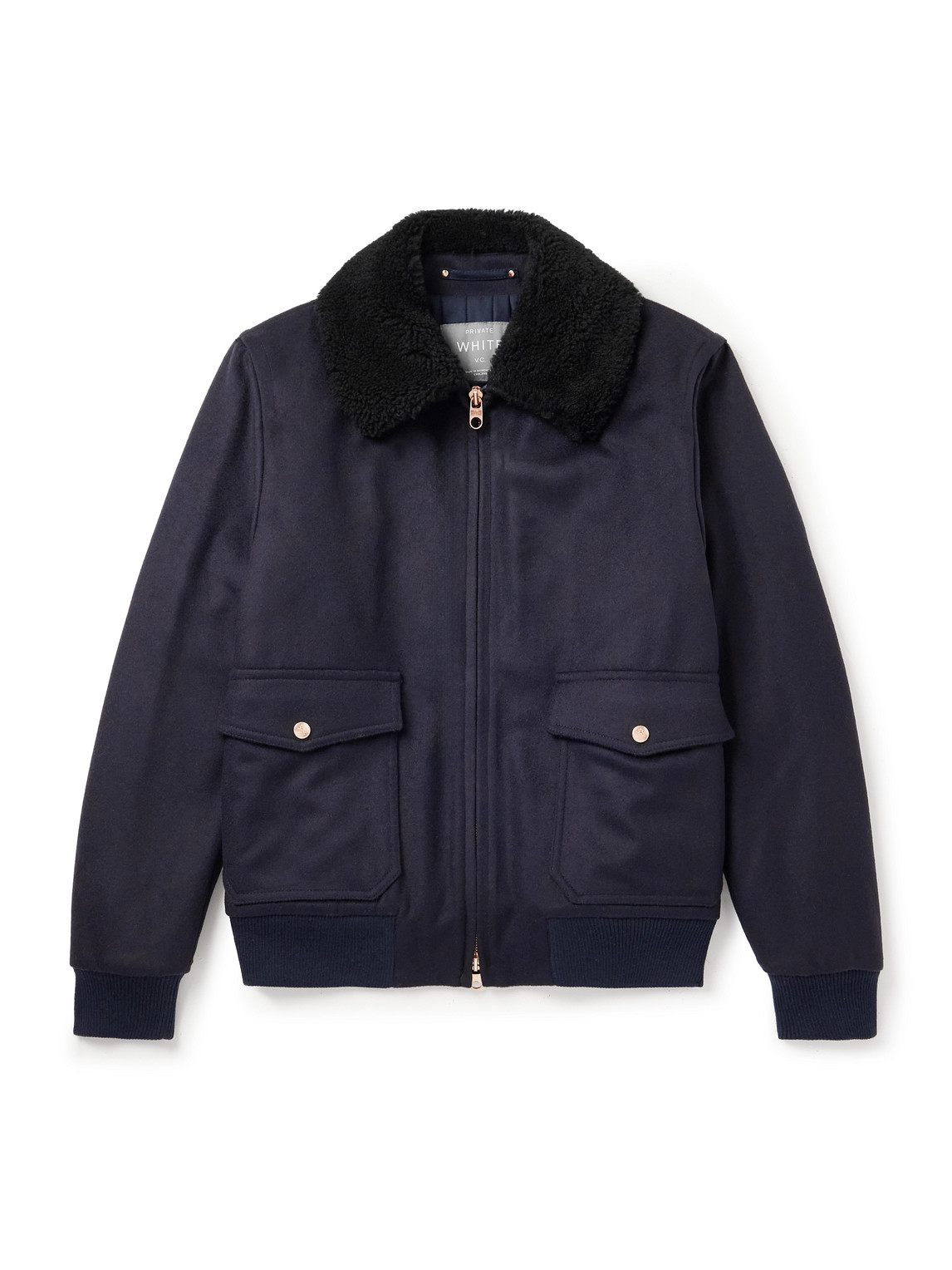 Private White V.c. The Flight Jacket 3.0 Shearling-trimmed Wool Bomber Jacket In Blue