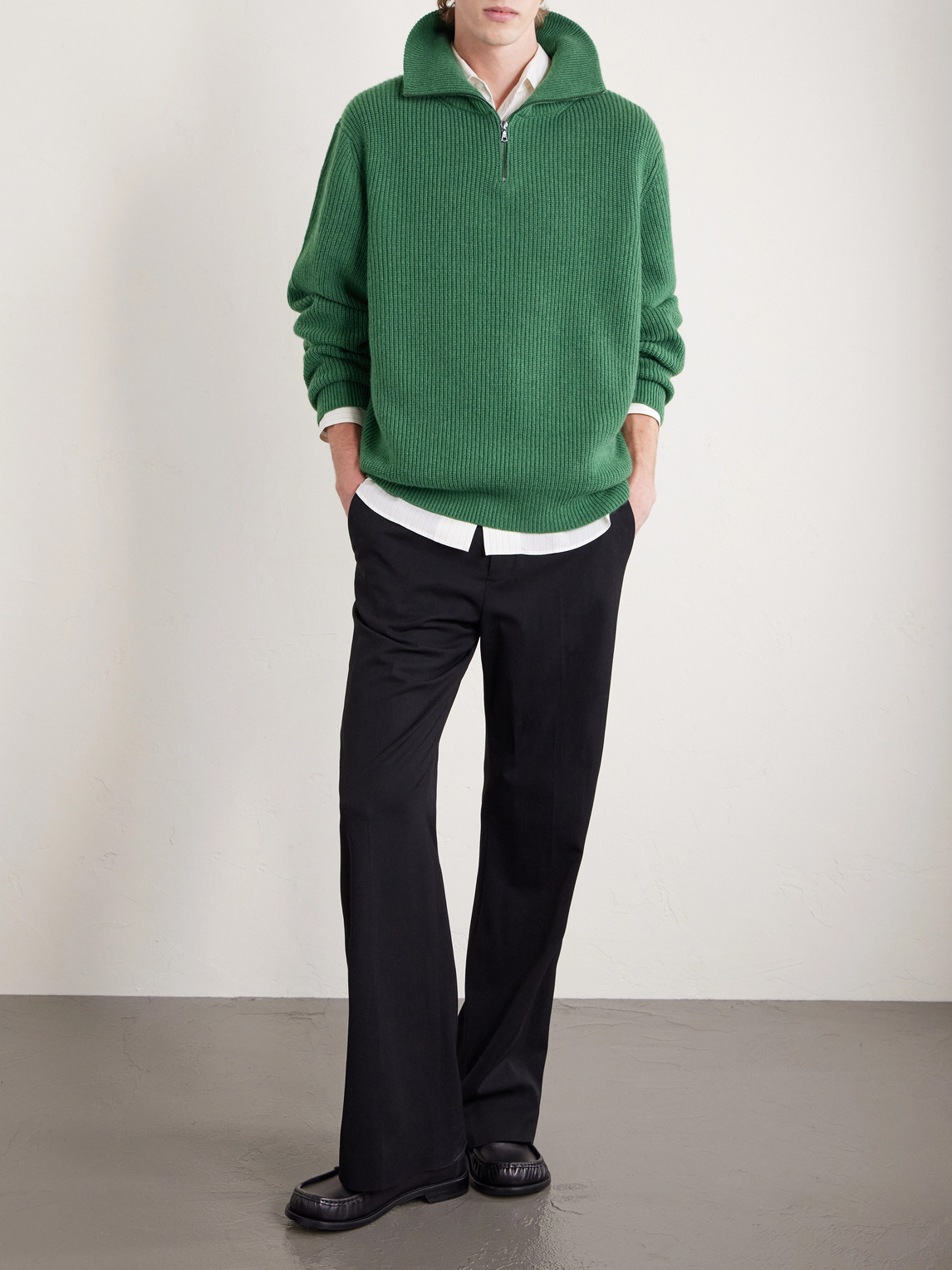The Elder Statesman Clemente Ribbed Cashmere Half-zip Sweater In Green