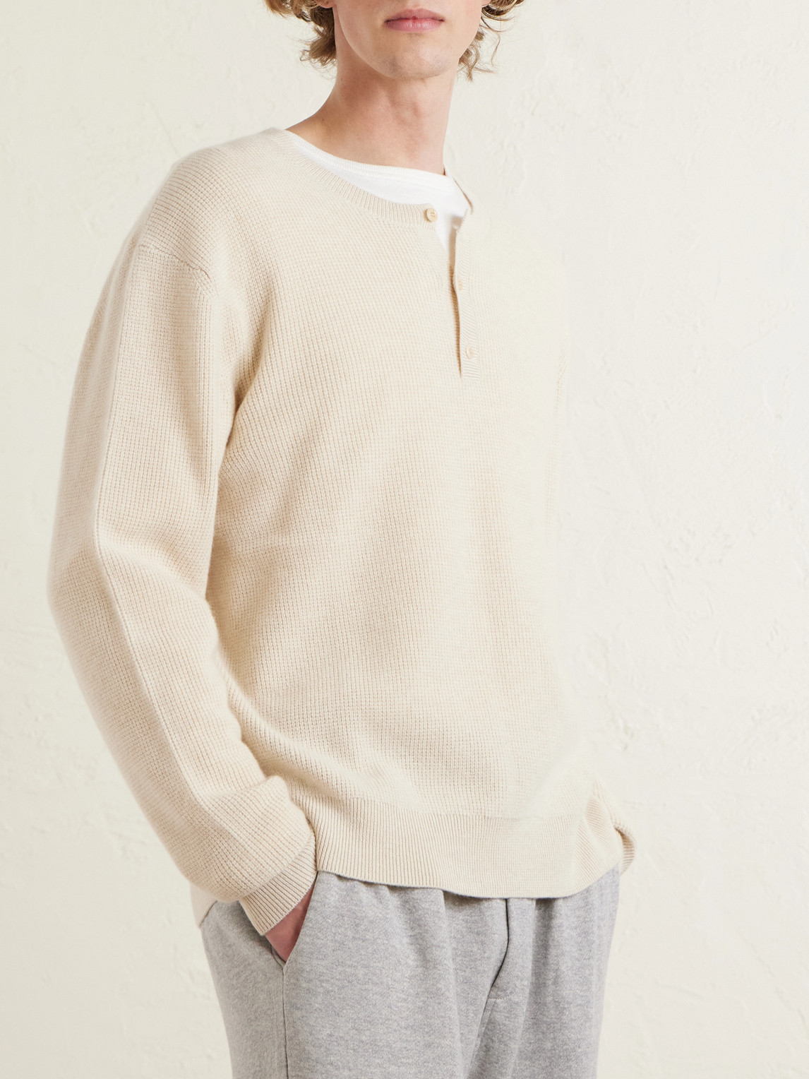 Waffle-Knit Cashmere Henley Sweater
