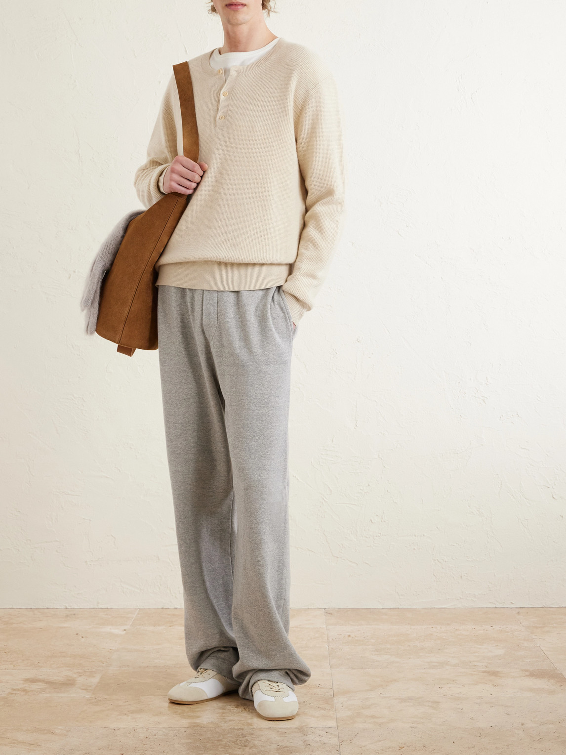 Waffle-Knit Cashmere Henley Sweater