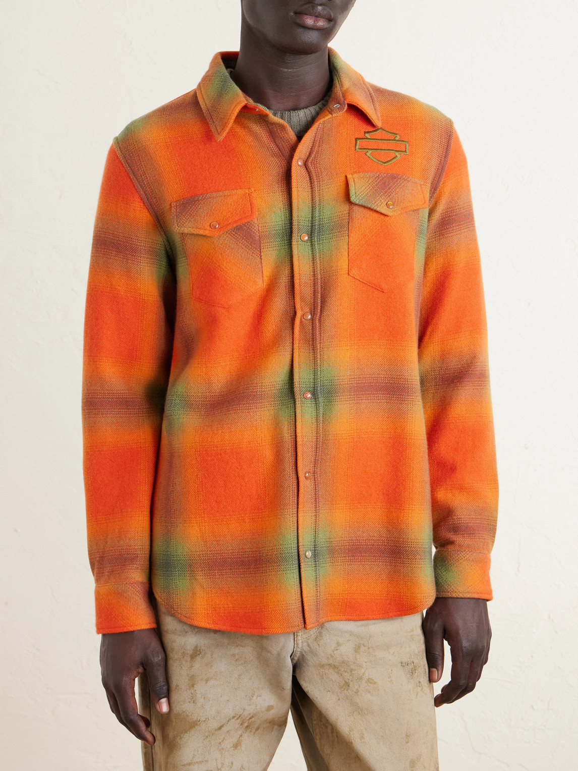  God's True Cashmere - Harley-davidson Olive Logo-embroidered Checked Cashmere-flannel Shirt - Men - Orange - S 