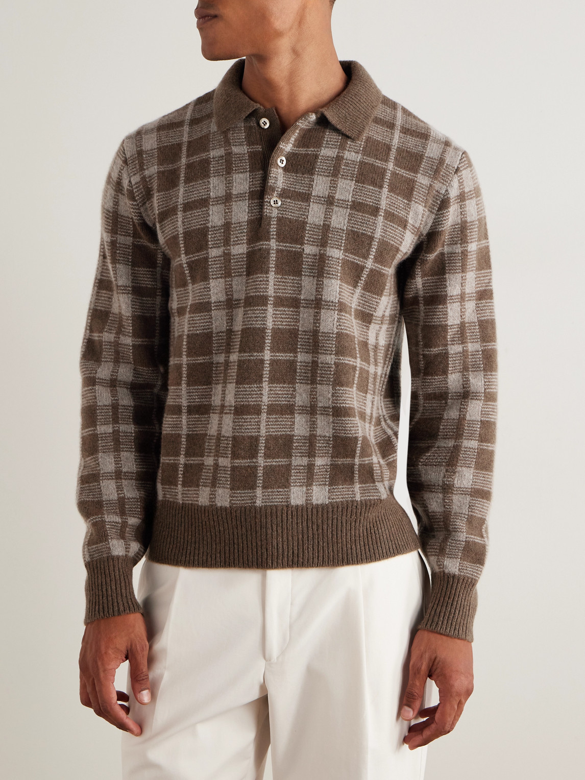 Ralph Lauren Checked Brushed Cashmere Polo Shirt In Brown