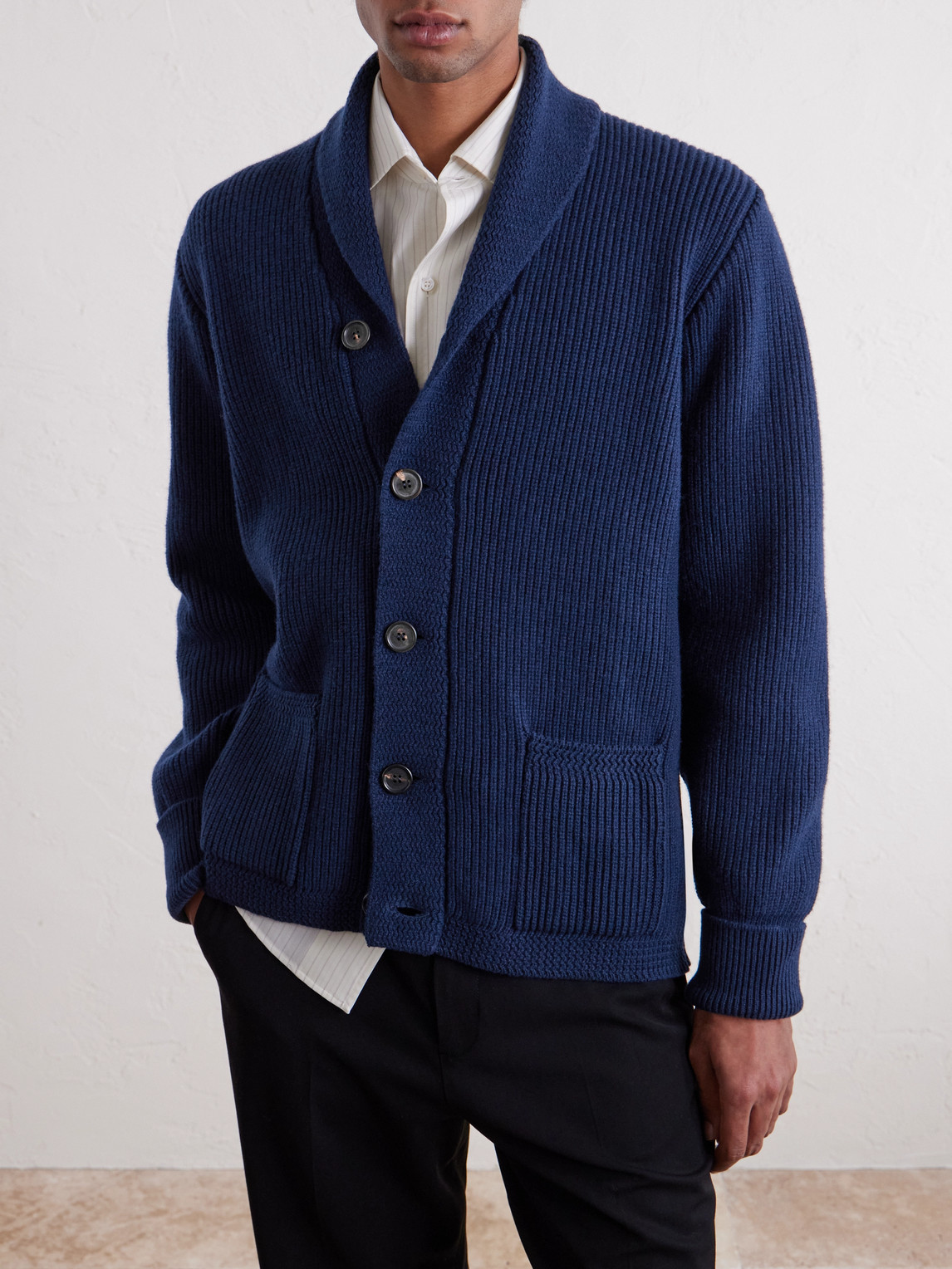  William Lockie - Duncan Shawl-collar Ribbed Merino Wool And Cashmere-blend Cardigan - Men - Blue - S 