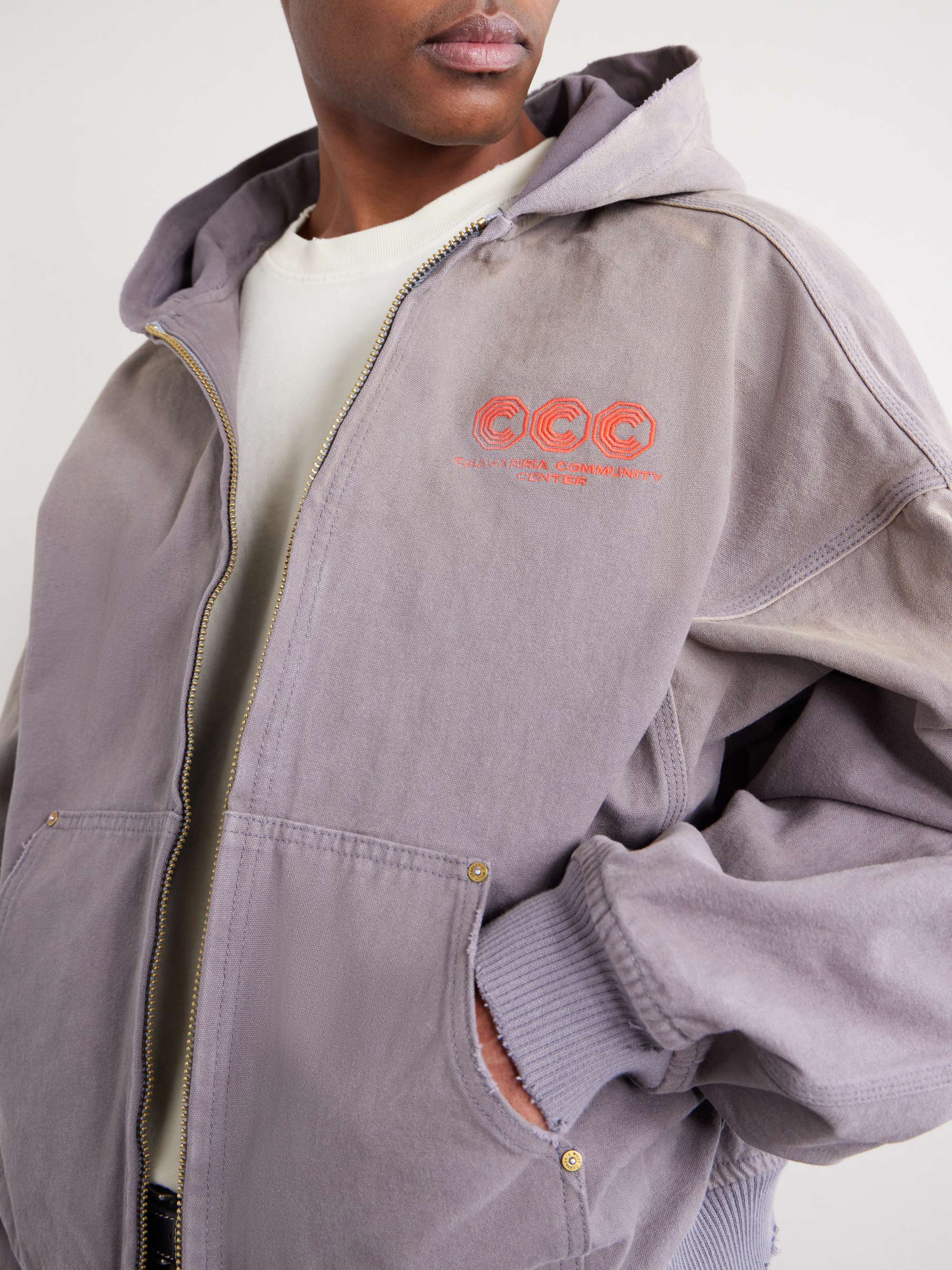 WILLY CHAVARRIA Juggernaut Logo-Embroidered Denim Zip-Up Hoodie